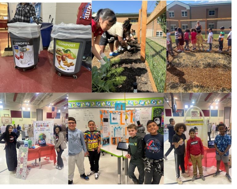 students in garden and showing exhibition projects