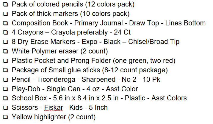 First grade Supply list