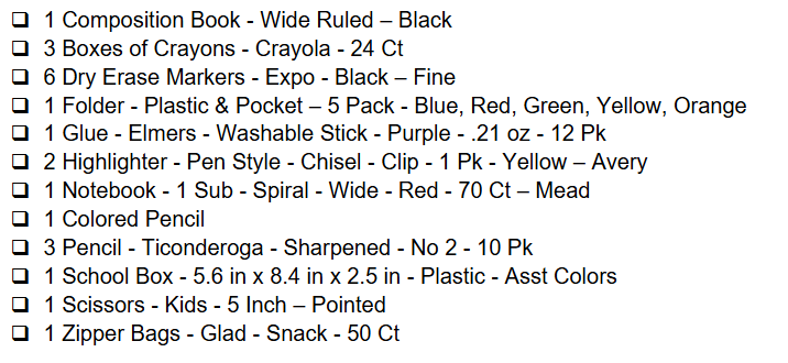 2nd grade suply list