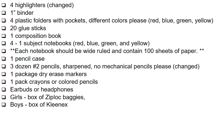 fifth grade supply list