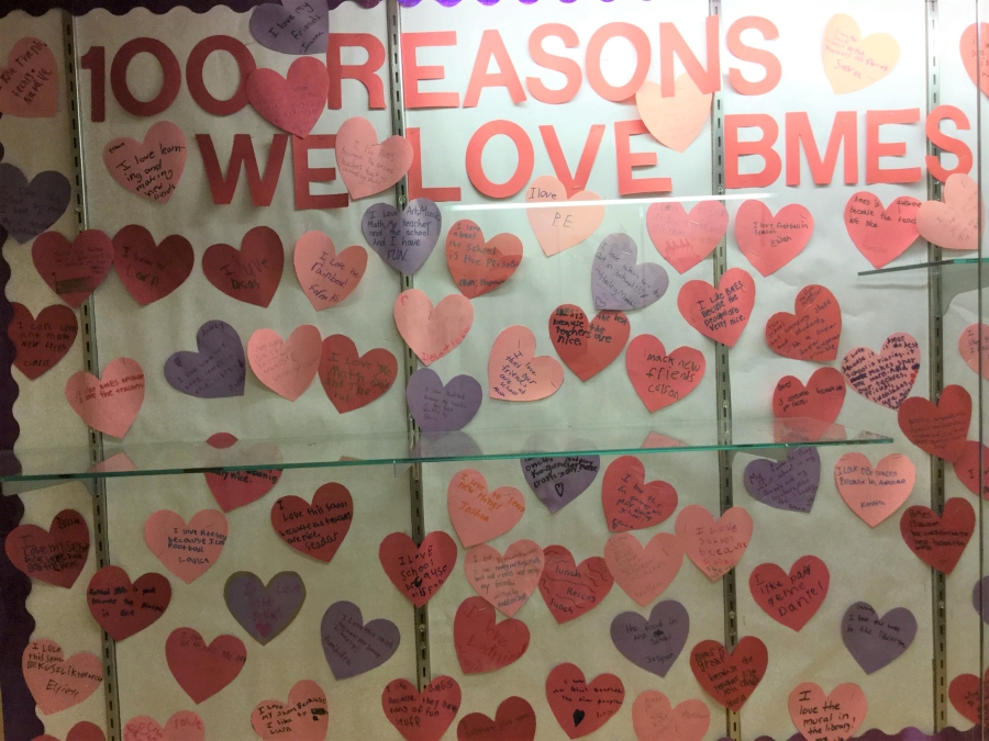 100 reasons we love BMES, written on hearts